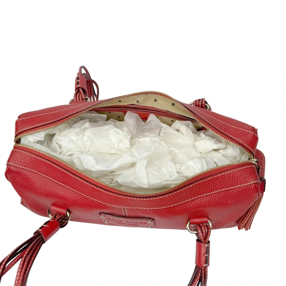 Y2K Kate Spade Barrel Bag‎ Satchel Red Pebbled Leather Tassel Polka Dot Lining